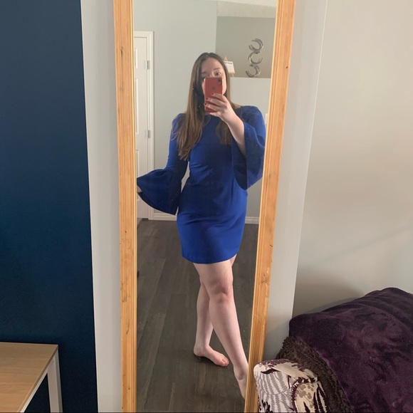 Electric Blue Eliza J Dress with Dramatic Bell Sleeves - Picture 2 of 7